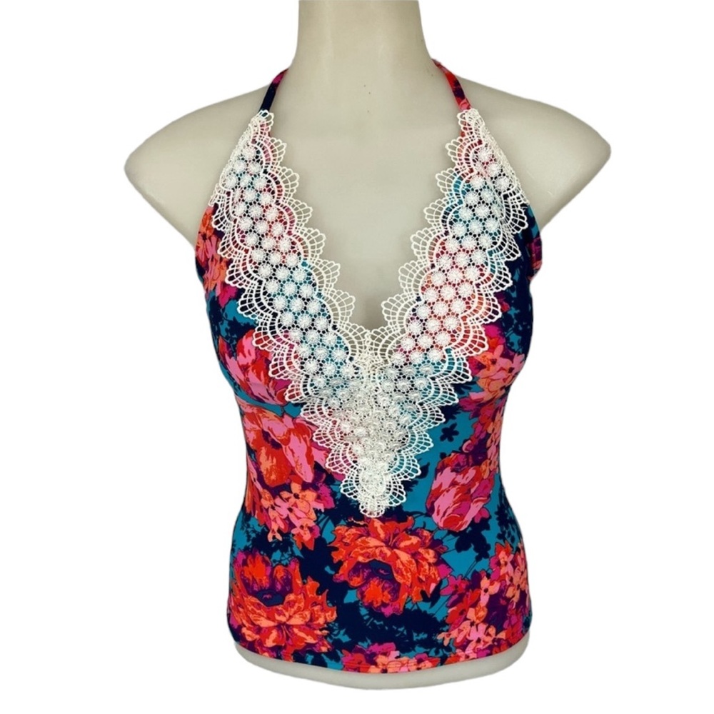 SEA ANGEL Swim Top Tankini Floral Cream Lace Detail Lightly Padded Size …